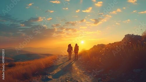 Golden Sunset Hike with Two Friends in Scenic Mountain Landscape. Generative ai