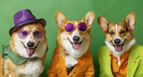 Group of corgi dogs in funky Wacky wild mismatch colorful outfits isolated on bright background 