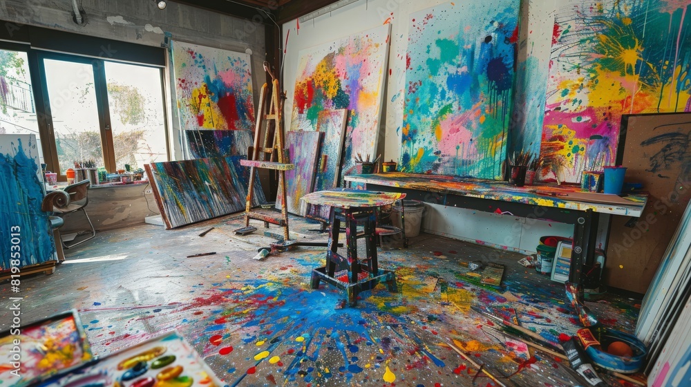 A vibrant artist's studio filled with colorful paint splatters, canvases in progress, and an artist passionately working on a new masterpiece