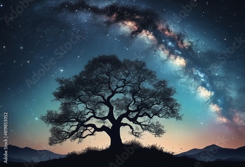 Serene Silhouette: A Fantasy Landscape with Silhouetted Trees against a Starry Sky