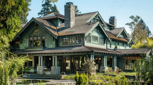 victorian house surrounded by lush greenery and flowers in garden, created with generative ai,American traditional house in historic neighborhood,beautiful mansion and landscape 