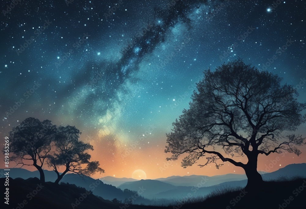 A Painter's Dream: A Fantasy Landscape with Silhouetted Trees bathed in Starlight