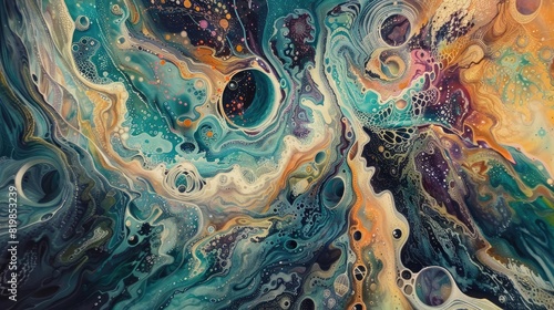An abstract representation of the present, with swirling patterns of life and activity.