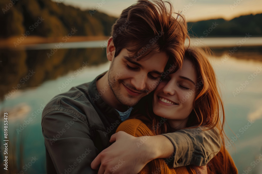 Fototapeta premium Happy man and woman hugging by the lake, smiling at each other. Generative AI