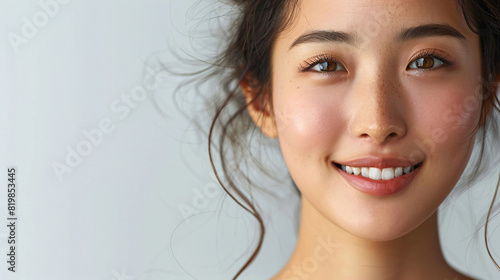 Cheerful Korean woman with a bright and happy expression, isolated on a white background
