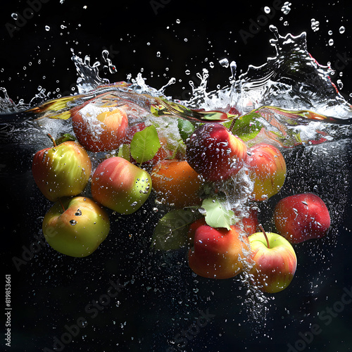 Bunch of ripe apple;s, with water droplets, falling into a deep black water tank, creating a colorful contrast and intricate splash patterns. underwater photography, contrast enhancement