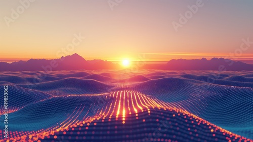 An artificial sunrise breaking over a digital horizon, casting its warm glow across a pixelated landscape of synthetic mountains. 32k, full ultra HD, high resolution