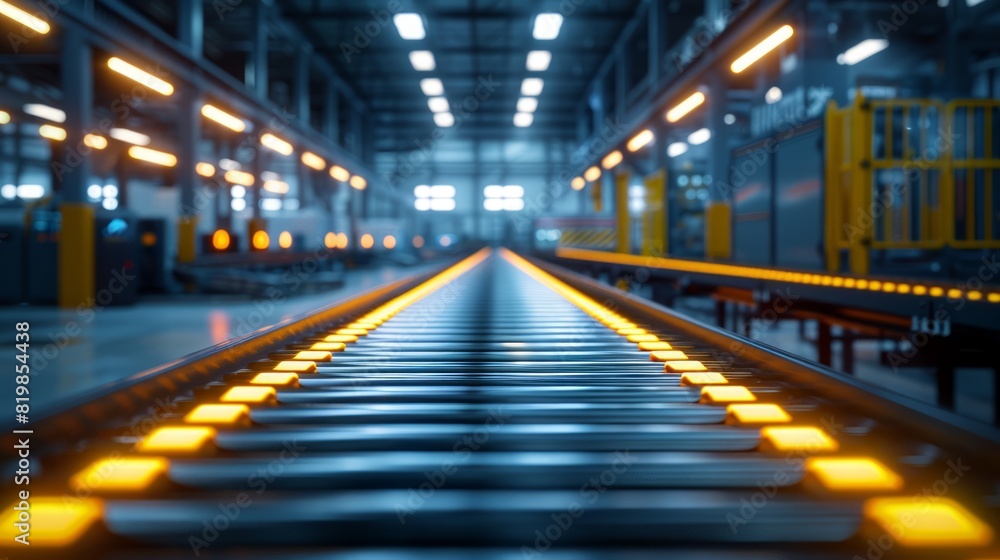 Futuristic factory interior with glowing yellow lines Futuristic factory interior with glowing yellow lines