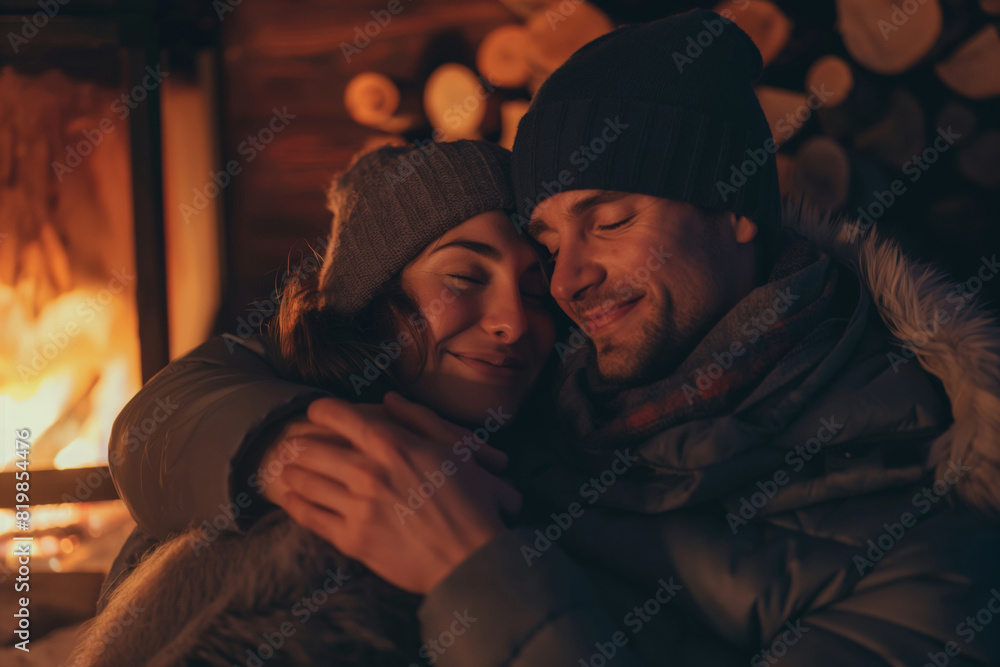 A man with a beard and a woman in a jacket are smiling in front of a fireplace. Generative AI