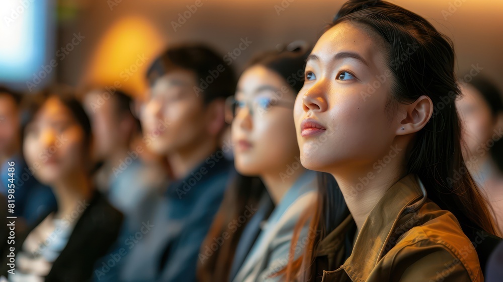 Obraz premium Engaged audience members listening intently as an Asian young woman presents her findings on urban infrastructure development.