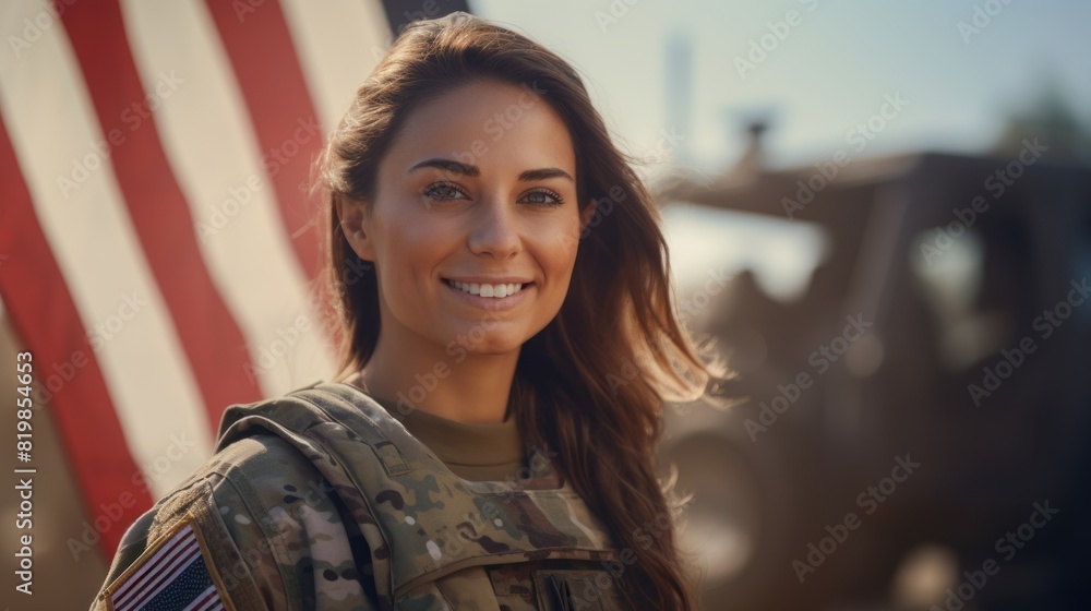© inthasone - Portrait of a Happy female soldier with a smile while standing outside her house with her bag. American servicewoman coming back home after serving her country in the military. © inthasone - Portrait of a Happy female soldier with a smile while standing outside her house with her bag. American servicewoman coming back home after serving her country in the military.