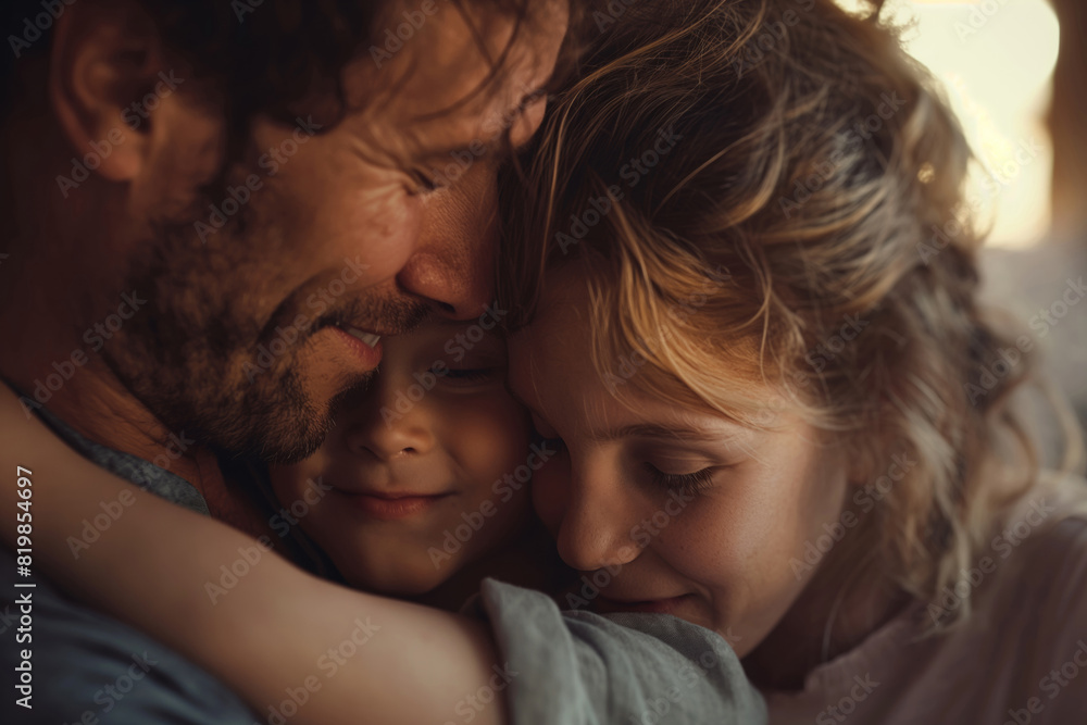 A man and a woman are hugging a little girl, smiling and showing affection. Generative AI A man and a woman are hugging a little girl, smiling and showing affection. Generative AI