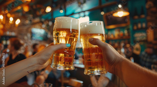 Closeup of hands holding beer glasses, toasting in a lively bar setting photo