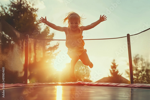 Kids Day. A happy little girl jumps on a trampoline under sunset sky. Generative AI photo