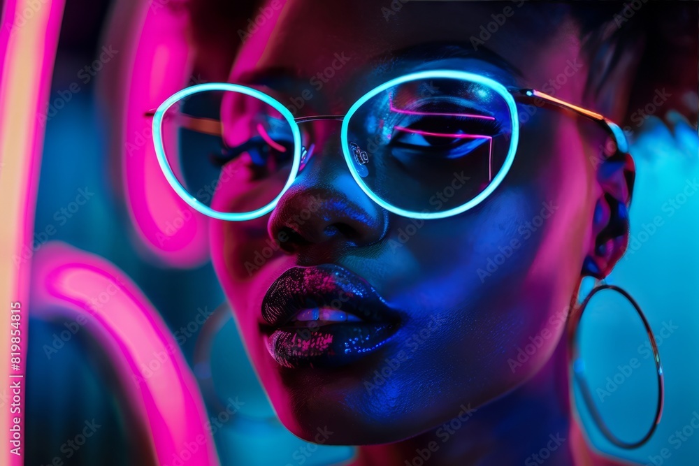 Stunning tousled hair girl of neon glow lighting, shimmer makeup wearing glasses spectacle. Stunning tousled hair girl of neon glow lighting, shimmer makeup wearing glasses spectacle.