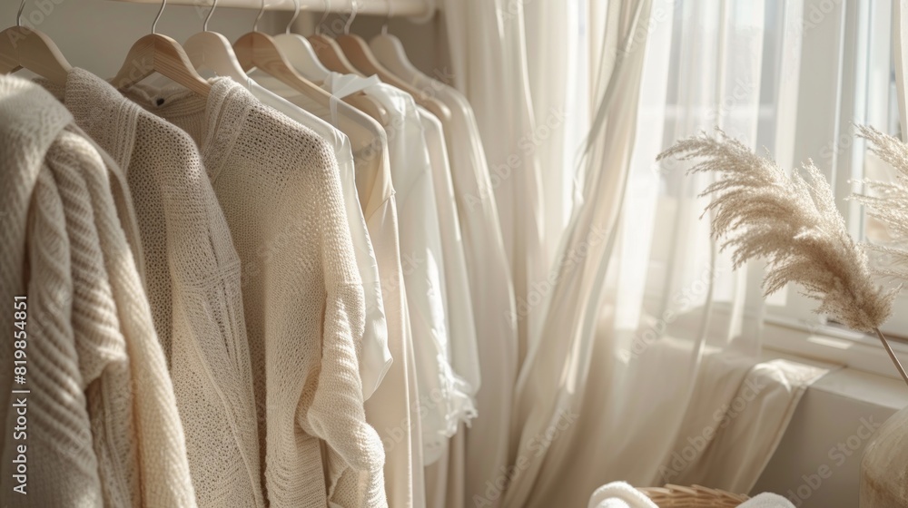 Softly lit scene of knitwear on hangers in a cozy corner Softly lit scene of knitwear on hangers in a cozy corner