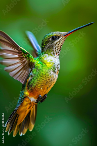 Hummingbird is flying with its wings fully spread out. © valentyn640