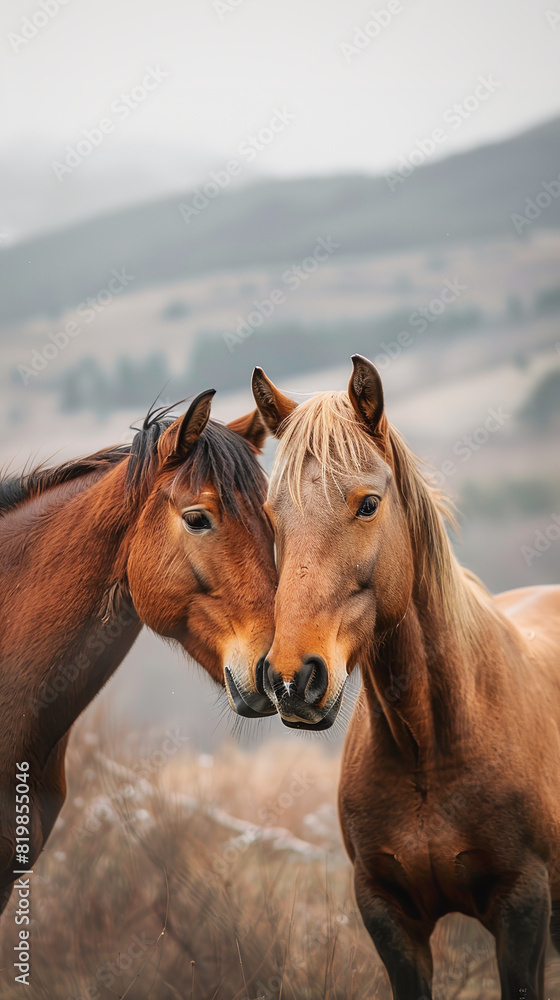 Obraz premium Wild Horses Interacting in Their Natural Mountain Habitat