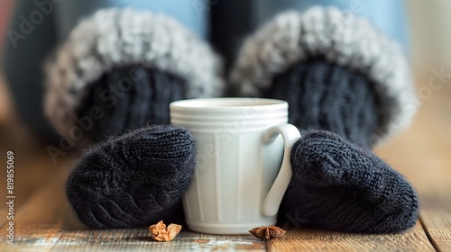 Warm cup of coffee with cozy mittens photo