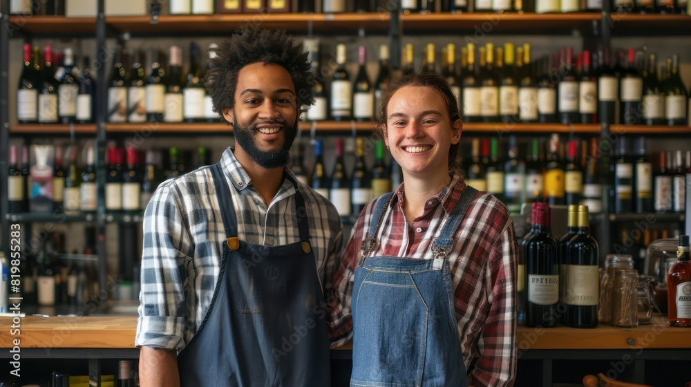 Two young workers of a cafe strike a casual pose in front of the camera, their relaxed expressions and friendly interaction highlighted by the display of wine assortment on the shelves. Two young workers of a cafe strike a casual pose in front of the camera, their relaxed expressions and friendly interaction highlighted by the display of wine assortment on the shelves.