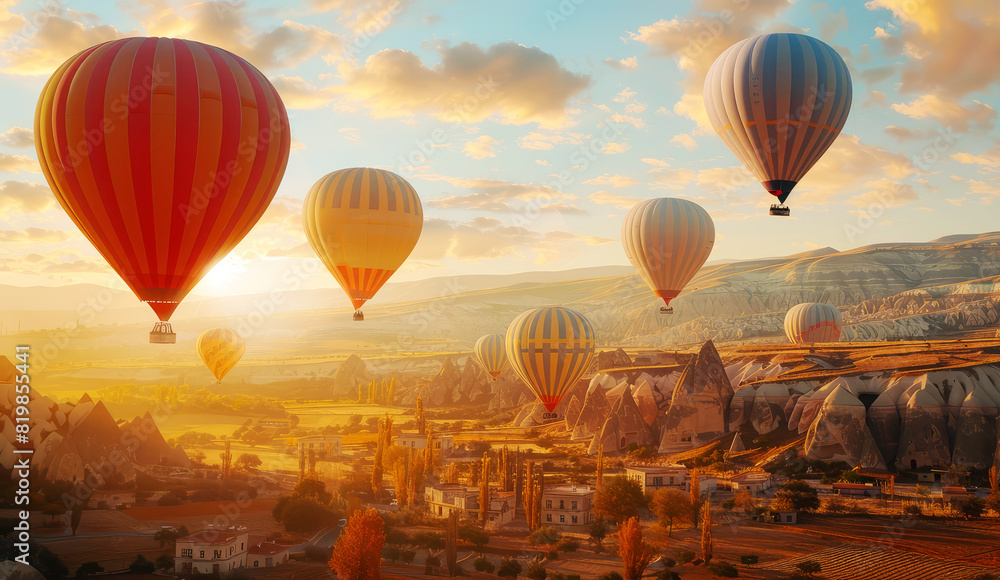 Obraz premium many hot air balloons in the sky at sunset i