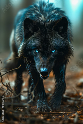 Blue-eyed wolf is standing in forest with its mouth open.