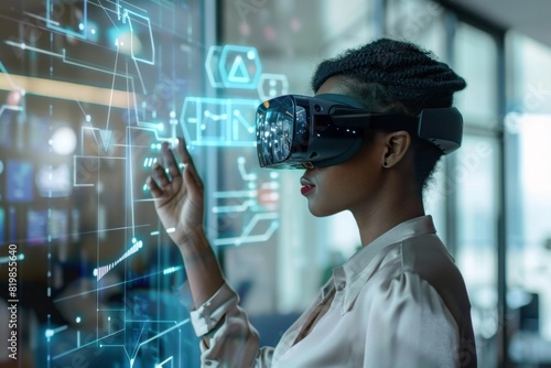 Professional woman wearing VR glasses in an office setting, interacting with holograms 