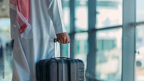 Back View of Arabian Man Holding Black Travel Suitcase Beside Window of Airport : Suitable for Be Used in Blog Posts, Social Media Posts or Website Content Related to Travel. photo