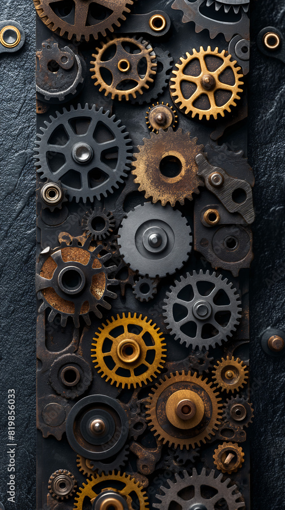 top down view of different colored metal gears in black, yellow and brass on a dark slate surface top down view of different colored metal gears in black, yellow and brass on a dark slate surface