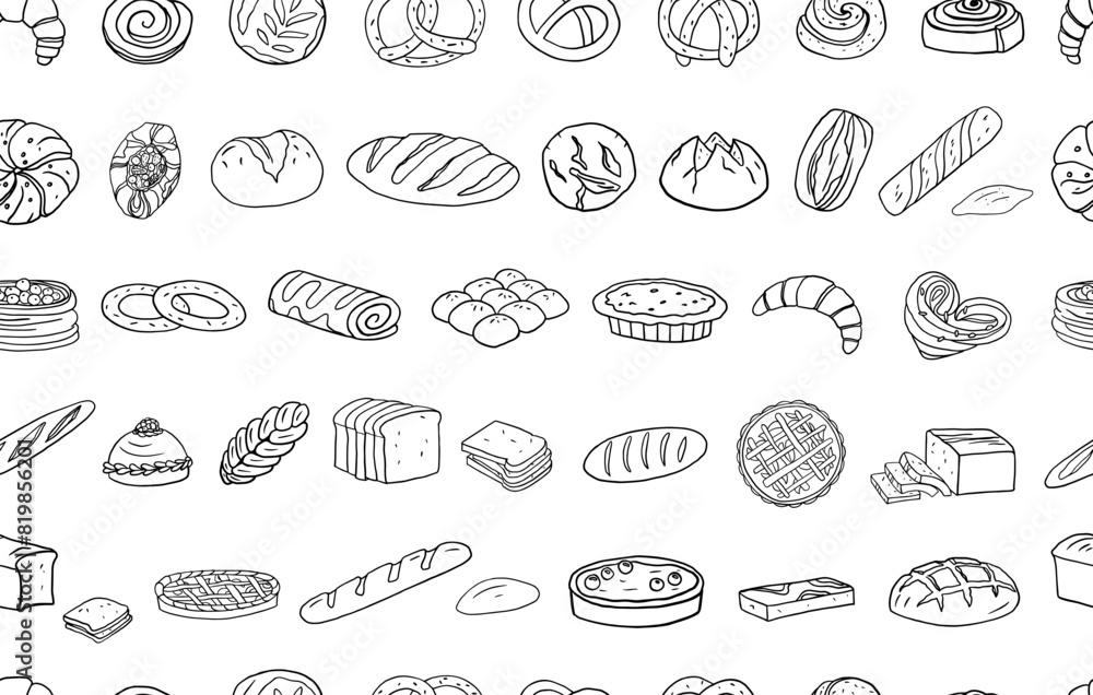 Seamless pattern of bakery products. Roll, bagel, croissant, bread, bun, loaf, white bread, baguette, bun, pretzel, swiss roll, challah, rye and wheat bread. Great for banners, menu design. Doodle