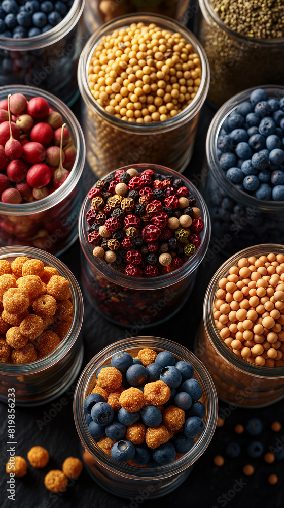 top view of different spices in vibrant colors inside glass jars top view of different spices in vibrant colors inside glass jars