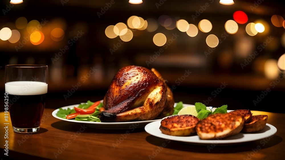 scenic view of roasted chicken and wine scenic view of roasted chicken and wine