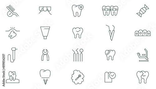 Dental care line icon set. Dentistry, medical, implant, braces, dentist, toothache, aligners, veneers, tooth outline icons collection. Thin outline icons pack.