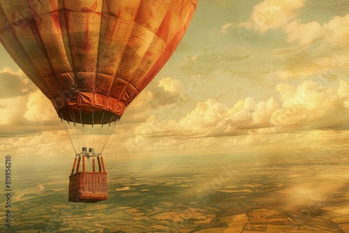 Vintage hot air balloon with a rustic basket floating above a countryside 