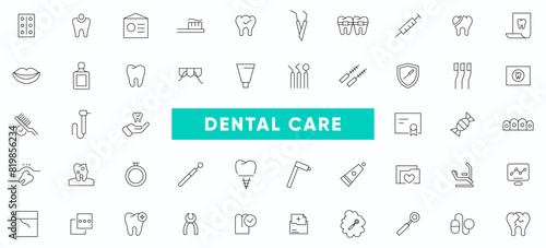 Dental care line icon set. Dentistry, medical, implant, braces, dentist, toothache, aligners, veneers, tooth outline icons collection. Thin outline icons pack.