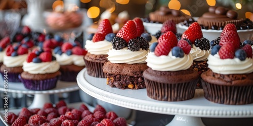 A variety of cupcakes and muffins are showcased on a table