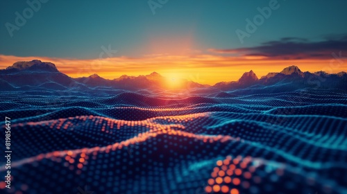 An artificial sunrise breaking over a digital horizon, casting its warm glow across a pixelated landscape of synthetic mountains. 32k, full ultra HD, high resolution