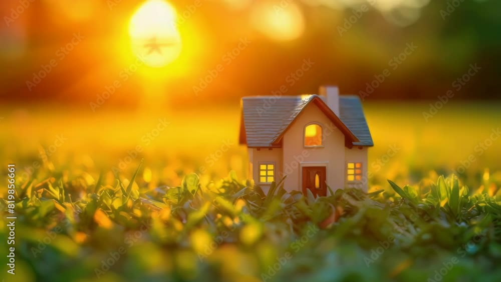 A small house is sitting in a field of grass. The sun is shining brightly, casting a warm glow on the scene. The house is surrounded by tall grass, giving it a cozy and peaceful atmosphere A small house is sitting in a field of grass. The sun is shining brightly, casting a warm glow on the scene. The house is surrounded by tall grass, giving it a cozy and peaceful atmosphere