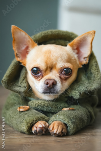 A small brown dog is wearing a green hoodie and is laying on a wooden table. The dog s eyes are closed  and it is resting. Concept of warmth and comfort