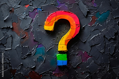 A colorful wooden question mark is painted on a wall with a graffiti-like background. The question mark is made of wood and has a rainbow-colored handle. Scene is playful and creative