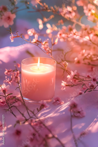 A candle is lit in a glass jar on a table with pink flowers. The candle is surrounded by pink flowers  creating a romantic and serene atmosphere