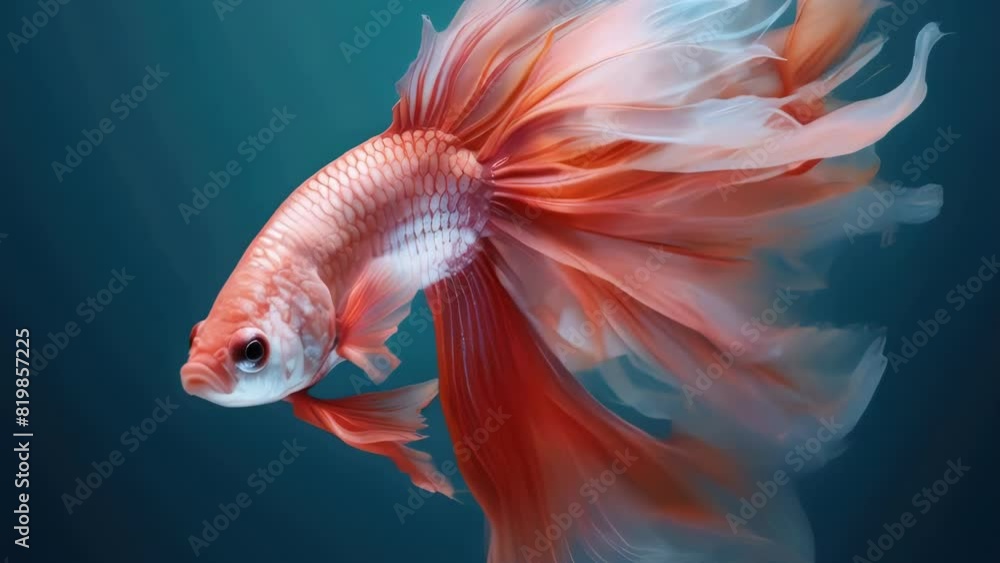 A fish with a long tail and a white belly swims in a blue ocean. The fish is orange and white, and it looks like it's swimming in a dreamy, peaceful state A fish with a long tail and a white belly swims in a blue ocean. The fish is orange and white, and it looks like it's swimming in a dreamy, peaceful state