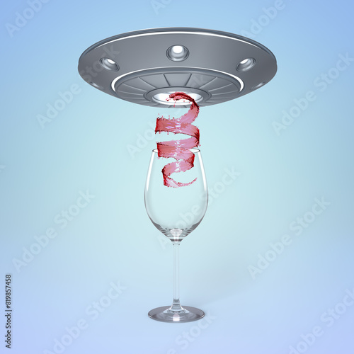 Fotografie Wine glass with red liquid being abduced by UFO