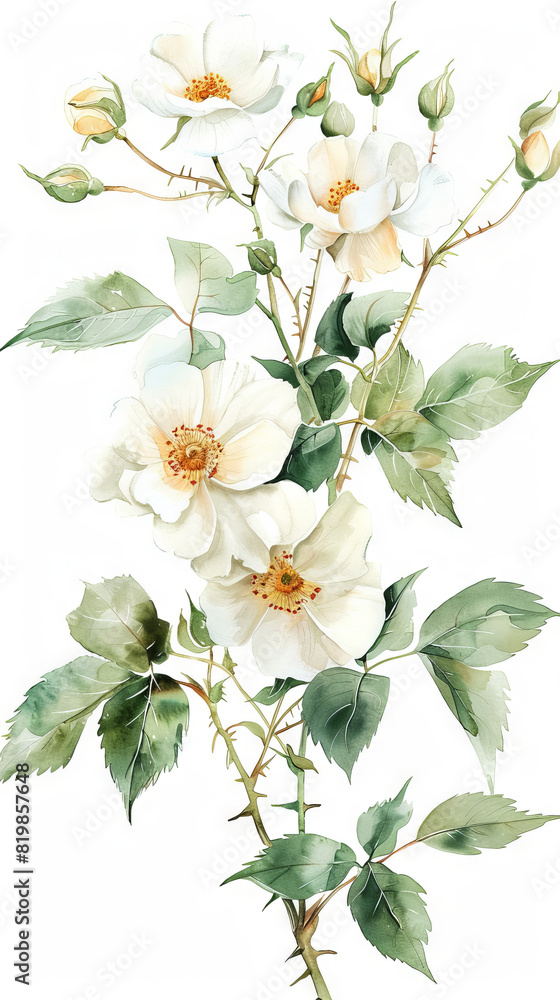 Obraz premium painting watercolor flower background illustration floral nature. White rosehip flowers flower background for greeting cards weddings or birthdays. Copy space. 