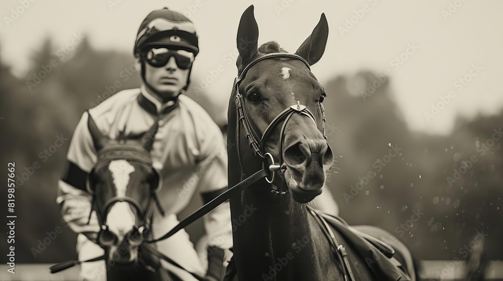 Naklejka premium A nostalgic black and white photo style image of a historic racehorse race, with vintage clad jockeys and classic race attire