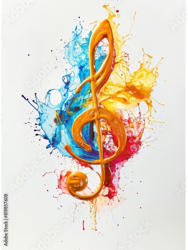 Clef made of color paint splash. A musical symbol used to indicate which notes are represented by the lines and spaces on a musical staff