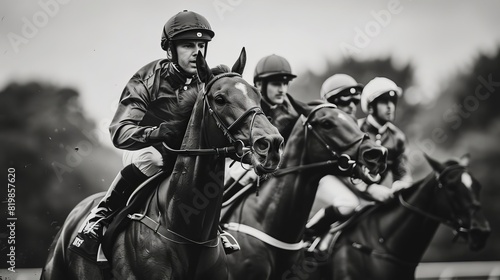 A nostalgic black and white photo style image of a historic racehorse race, with vintage clad jockeys and classic race attire