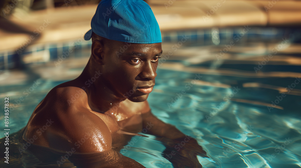 a moment of familial bliss, a strong man donning a vibrant blue cap stands in a sun-drenched pool, his demeanor gentle and affectionate.