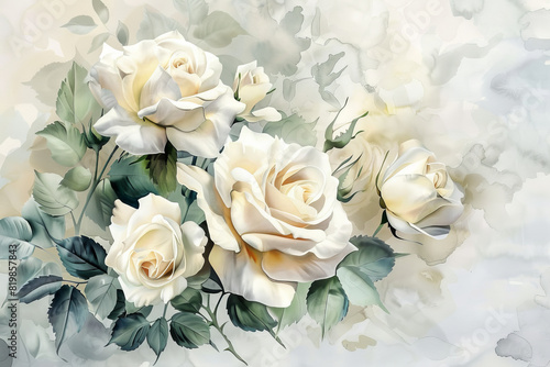 painting watercolor flower background illustration floral nature. White rose flower background for greeting cards weddings or birthdays. Copy space.  © Diana