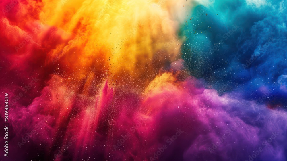 Fototapeta premium Abstract patterns of colorful powder swirling through the air, illuminated by beams of radiant sunlight in the background.